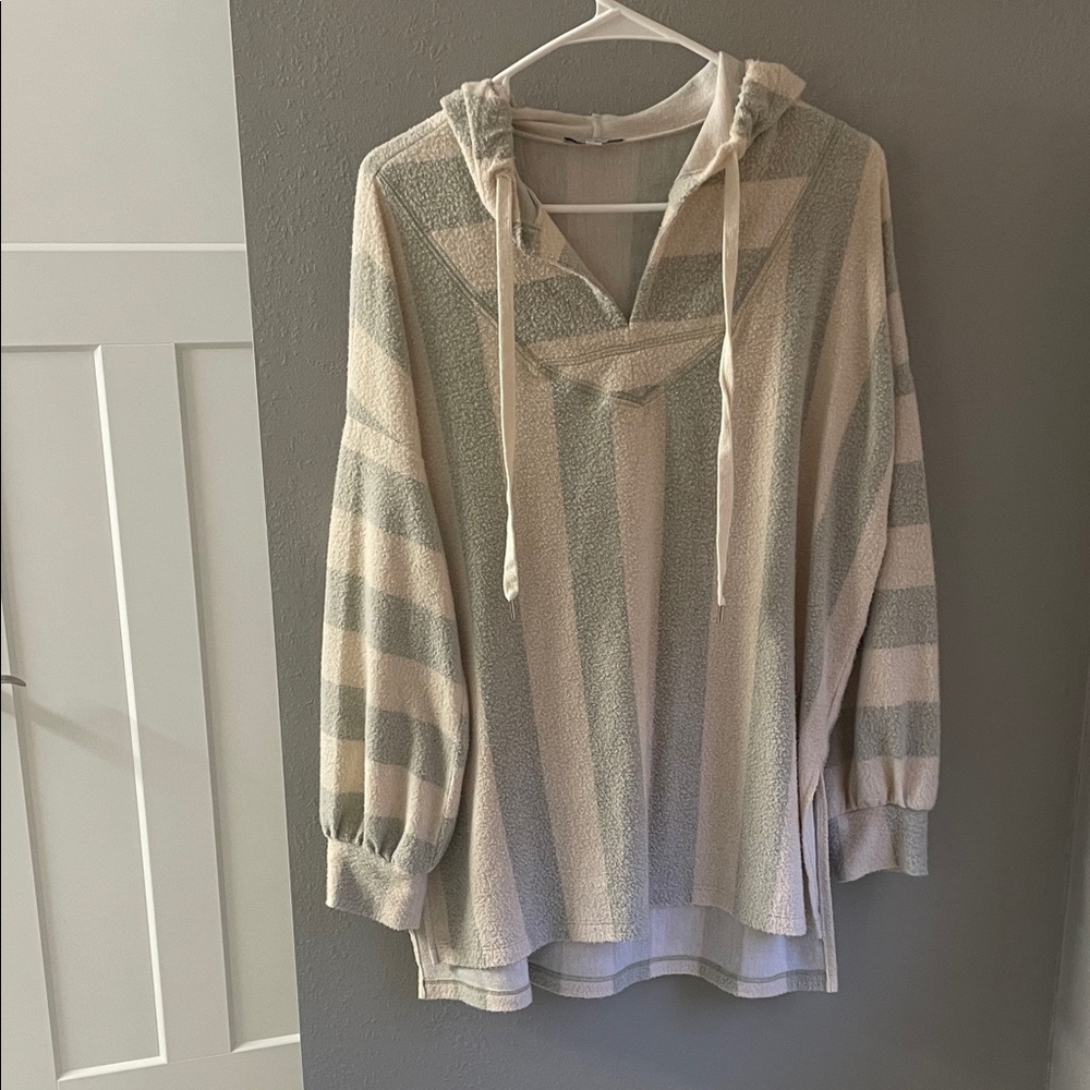Striped Hooded Pullover Sweater - pale pink and grey or light sage.